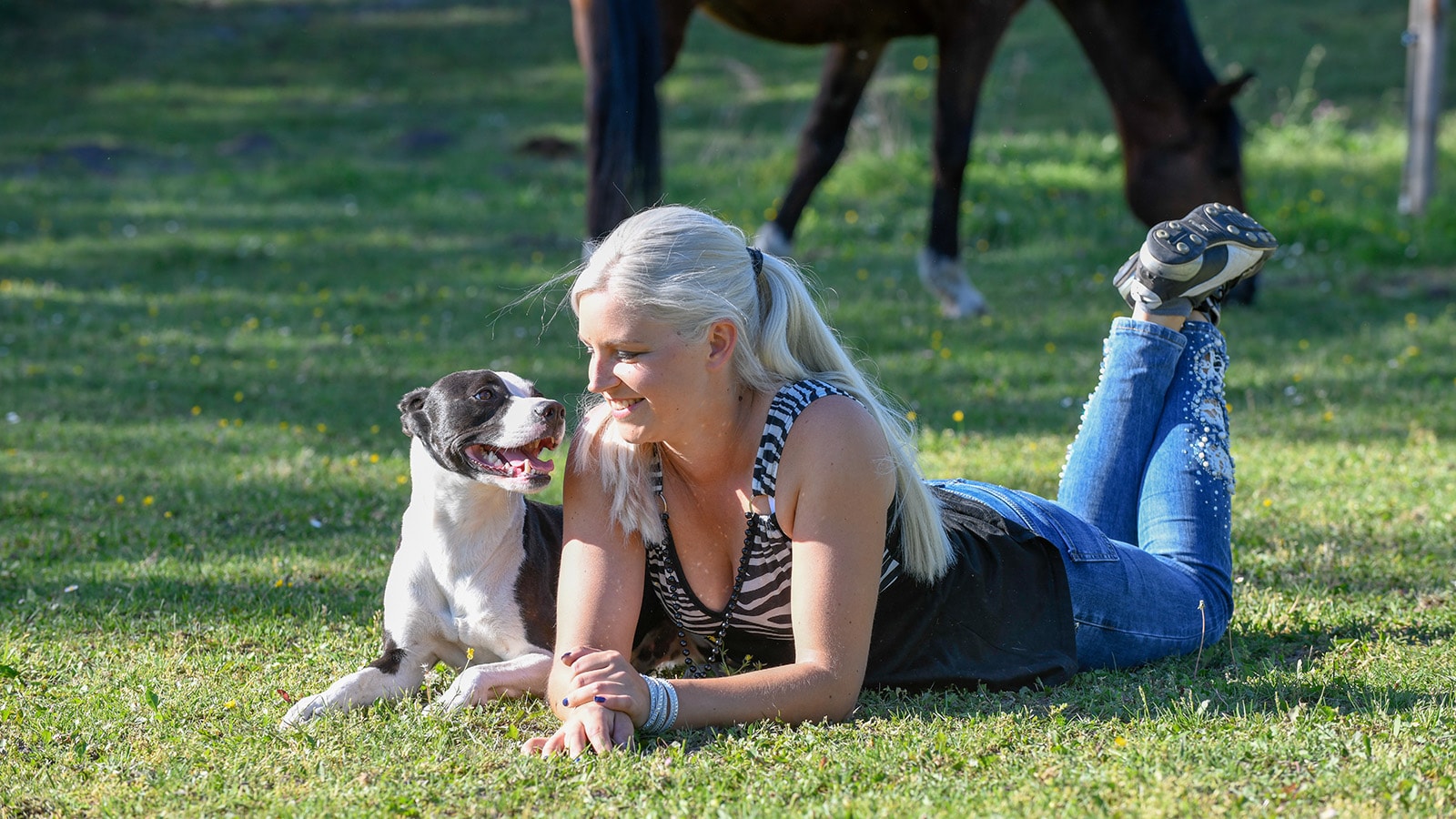 Kvinde ligger på en græsplæne med en hund