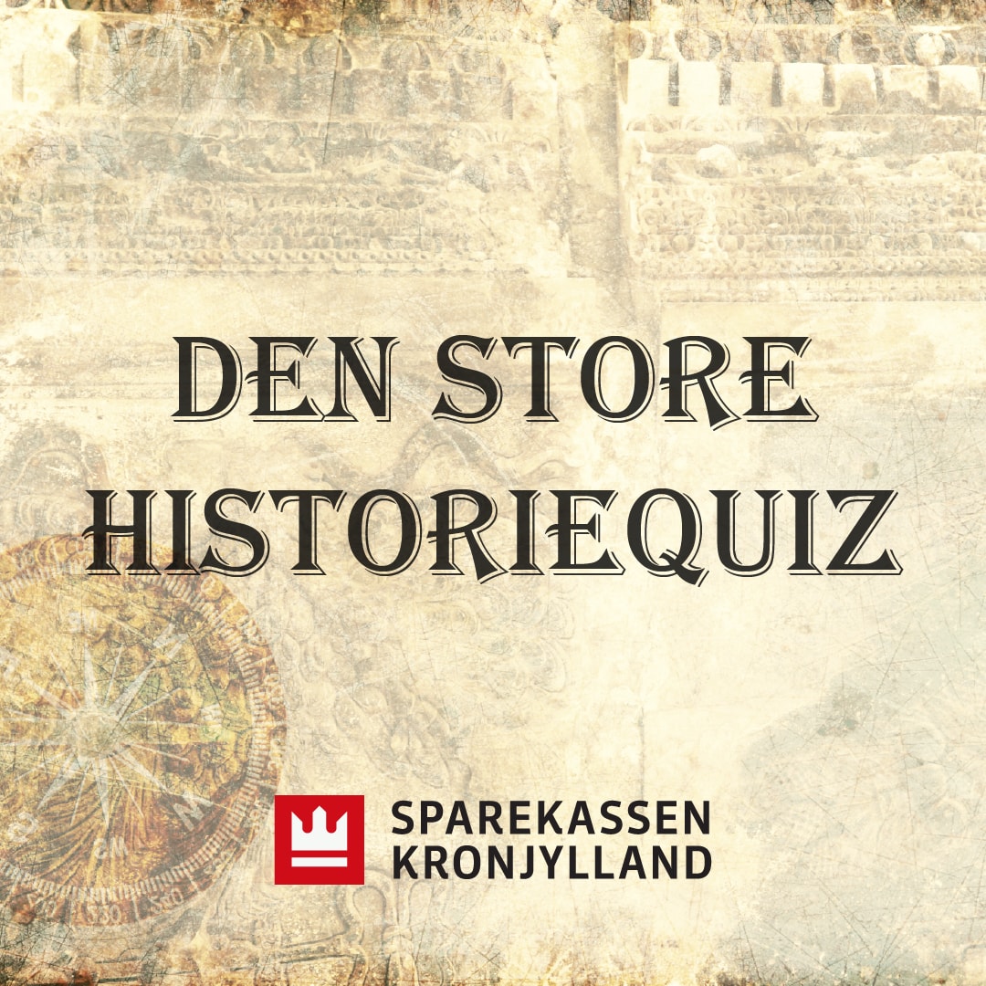 En gammelt udseende baggrund og teksten: "Den store historiequiz"